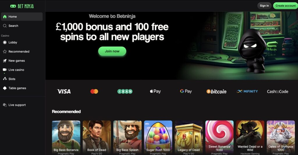 Bet Ninja credit card casino